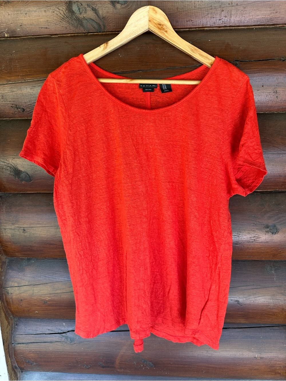 100% linen Red Short-Sleeve Scoop Neck Top
